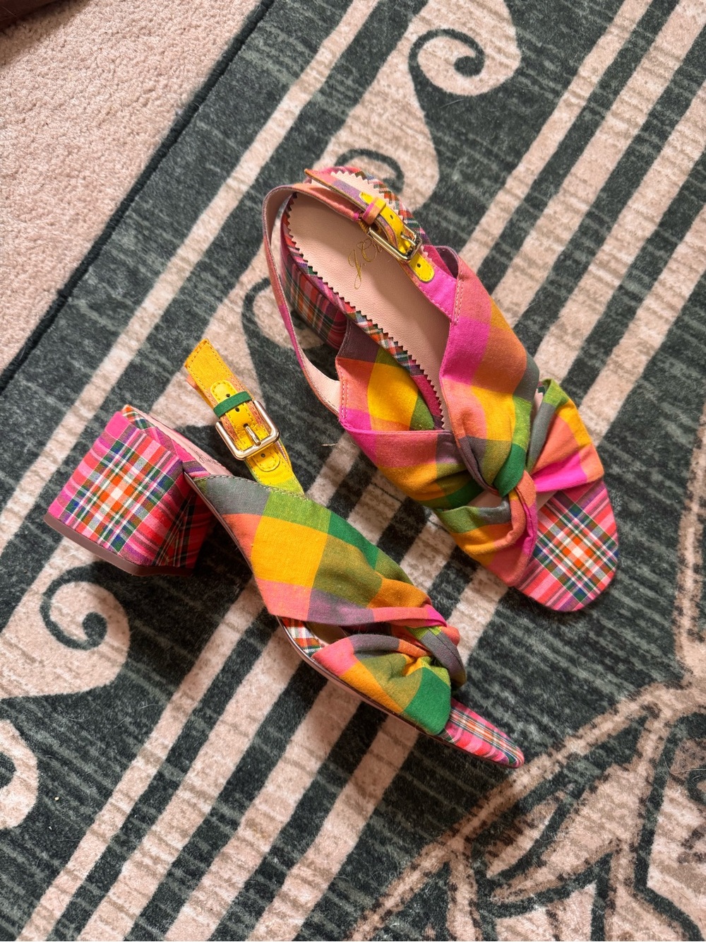 J. Crew Multicolor Plaid Knot Slingback Heels